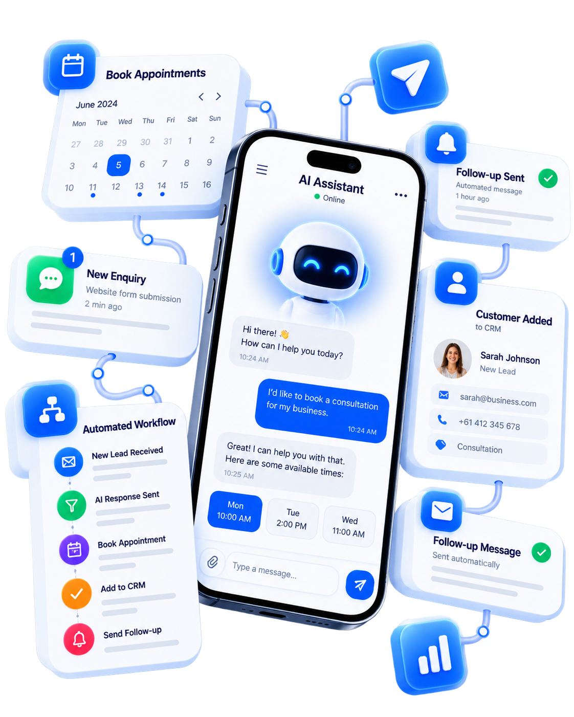 AI automation for enquiries, bookings, CRM and customer follow-up