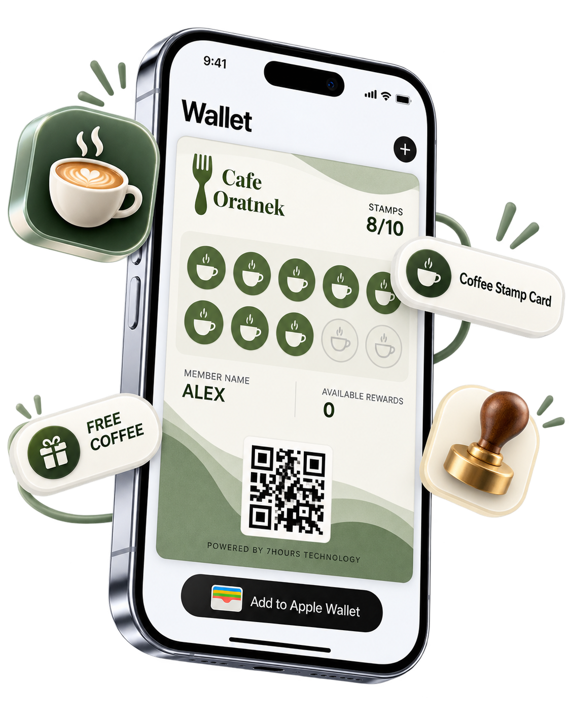 Cafe Oratnek digital coffee stamp card displayed in Apple Wallet